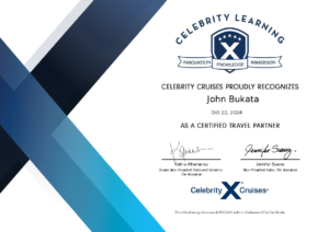 Celebrity Certified Travel Partner Certificate John Bukata